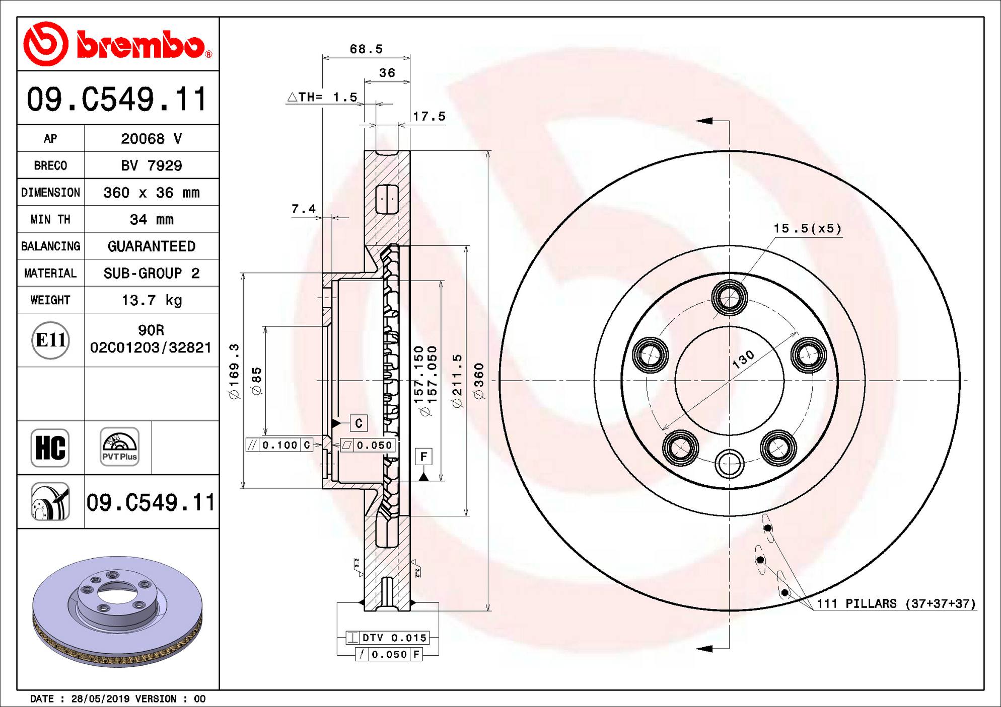 Porsche VW Brembo Disc Brake Rotor - Front (360mm) 7P6615302B